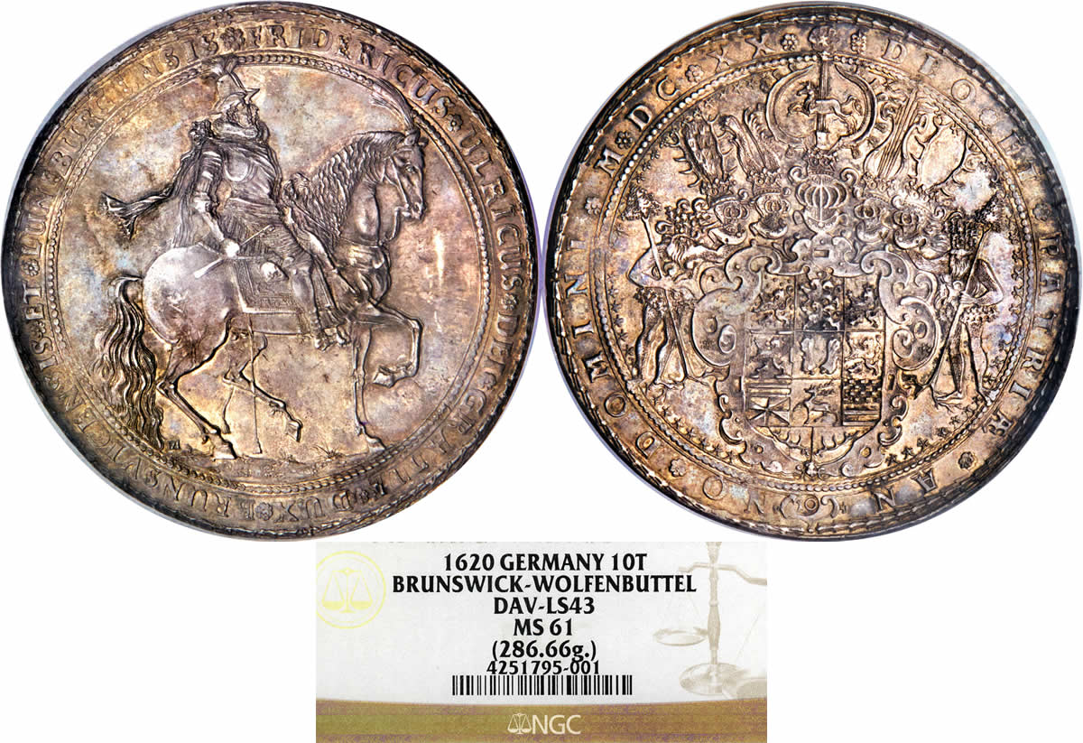 Thaler-Thursday:-1620-Brunswick-Wolfenbuttel-Friedrich-Ulrich-10-Taler-NGC-MS-61