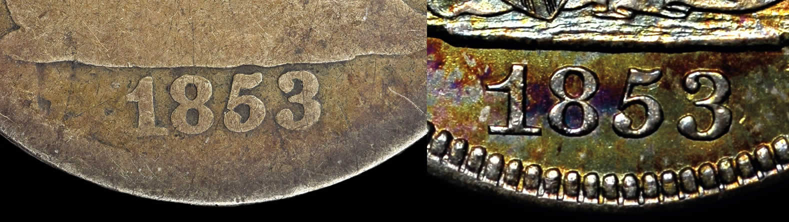 Counterfeit-Detection:-1853-Seated-Liberty-Quarter,-Removed-Arrows-And-Rays