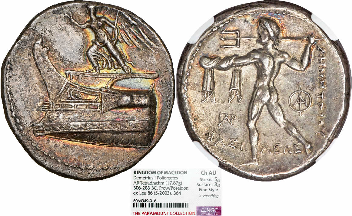 Toner-Tuesday:-306-283-BC-Demetrius-I-Poliorcetes-AR-Tetradrachm-NGC-Choice-AU