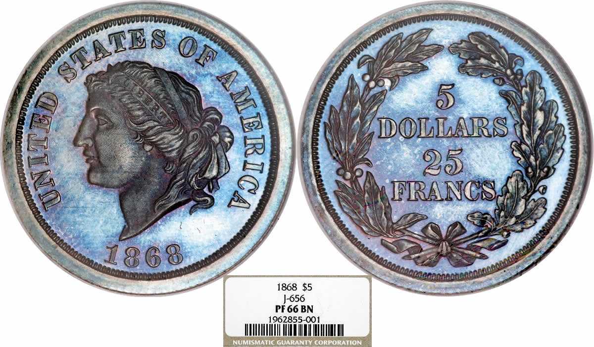 Franc-Friday:-1868-Dual-Denomination-$5-/-50-Francs-Pattern-NGC-PF66BN