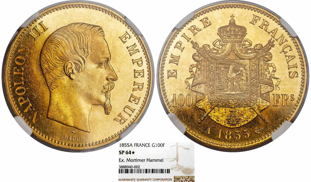 Country-Of-The-Day:-France,-1855-Napoleon-III-Gold-Specimen-100-Francs-NGC-SP-64★