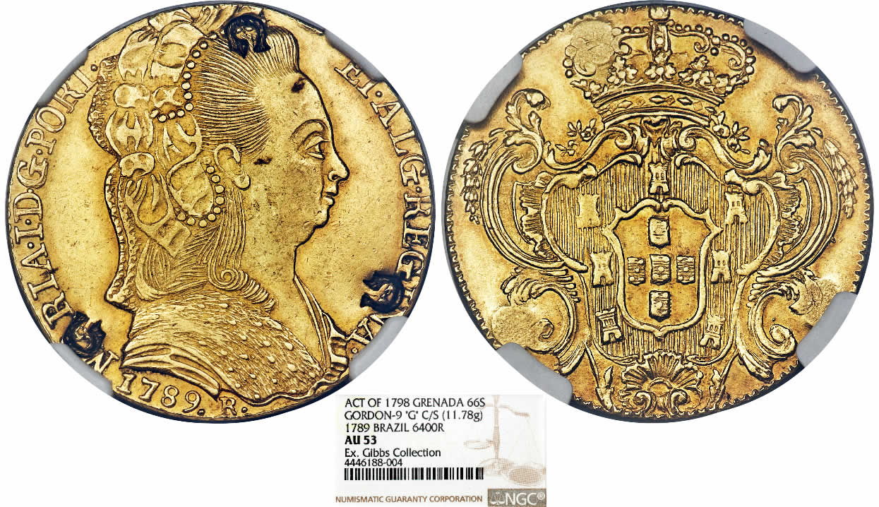 Country-Of-The-Day:-Grenada,-British-Colony-Gold-Counterstamped-66-Shillings-ND-1798-NGC-AU-53