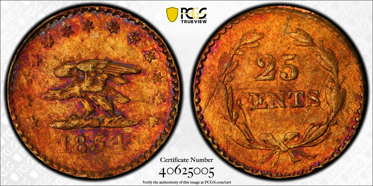Coin-Of-The-Issue:-1854-25-Cent-Defiant-Eagle-California-Gold-Fractional-Issue