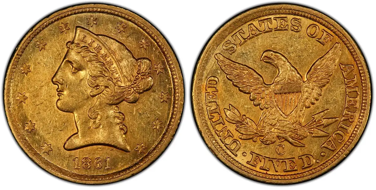 1861 C Liberty Head (No Motto) Half Eagle 1861-C Liberty Head Half Eagle PCGS AU58 1861 C Liberty Head (No Motto) Half Eagle 1861-C Liberty Head Half Eagle PCGS AU58