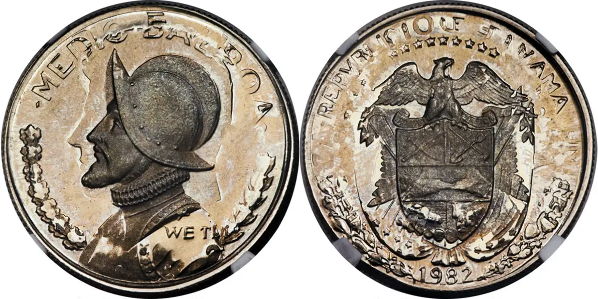 Panama-Half-Balboa-Struck-Over-USA-1982-S-Proof-Half-Dollar-NGC-MS-65