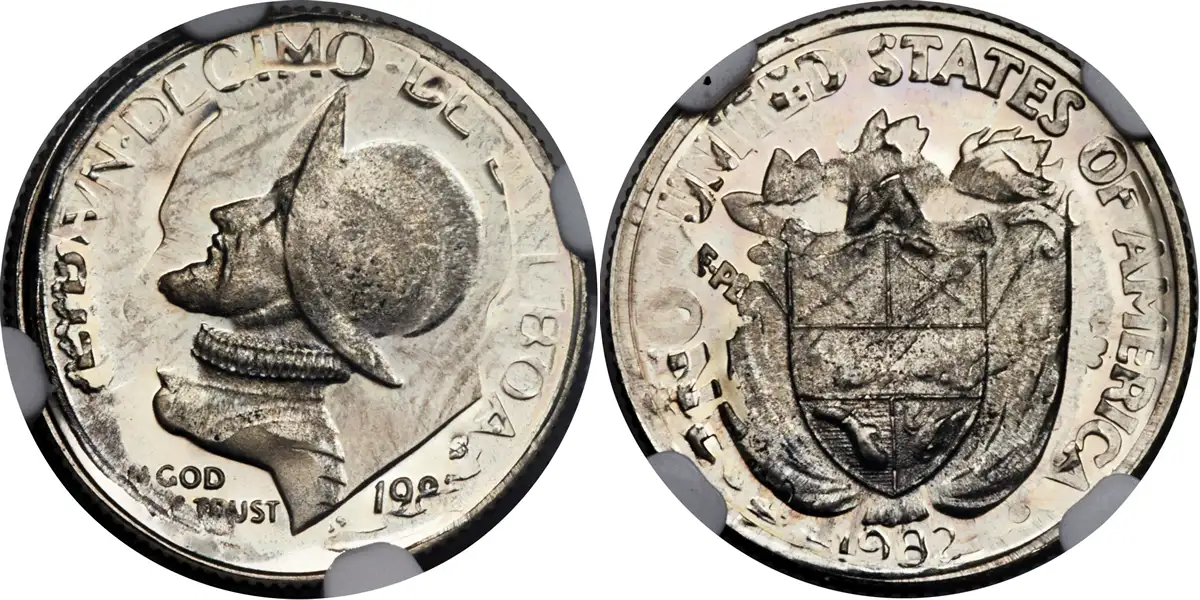 Panama-1/10th-Balboa-Struck-Over-USA-1982-S-Proof-Dime-NGC-MS-65