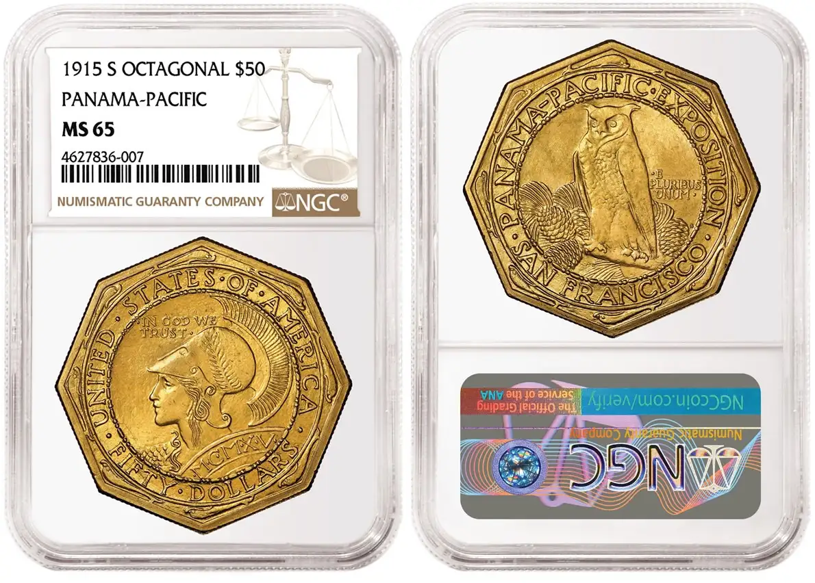 Heritage-Sale---Rare-Vintage-US-Gold-Coins-NGC-Certified:-1795-13-Leaves-$10,-1915-S-Pan-Pac-$50-+