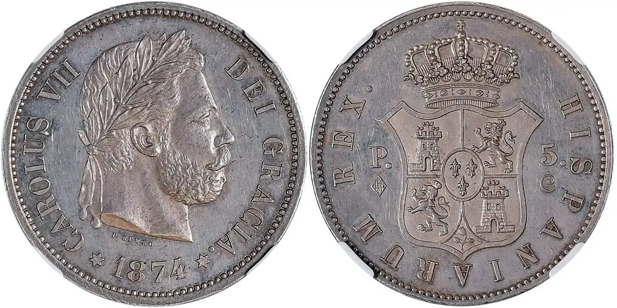 Counterfeit-Detection:-1874-5-Pesetas-In-Silver-And-Bronze
