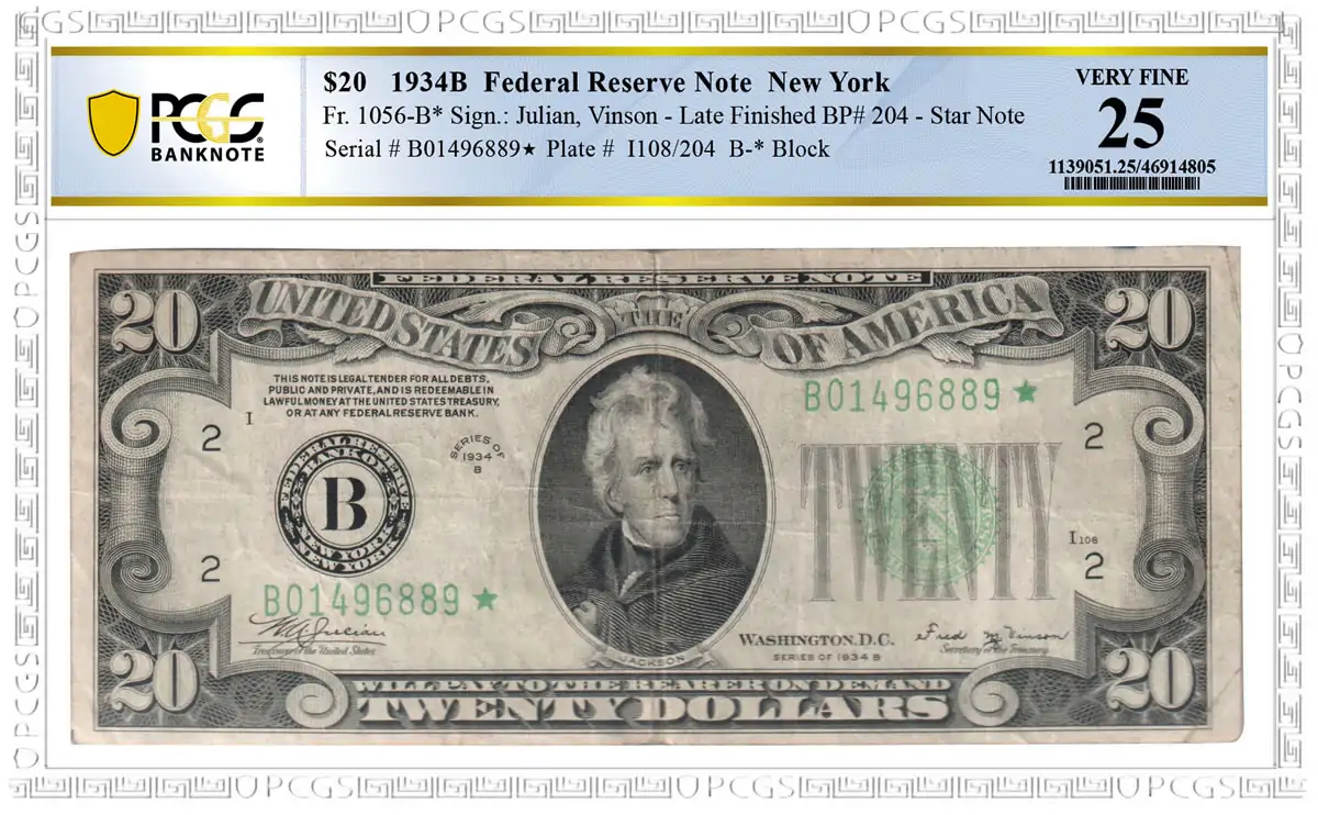 Noteworthy-Notes:-1934-B-$20-Federal-Reserve-Note,-PCGS-VF25