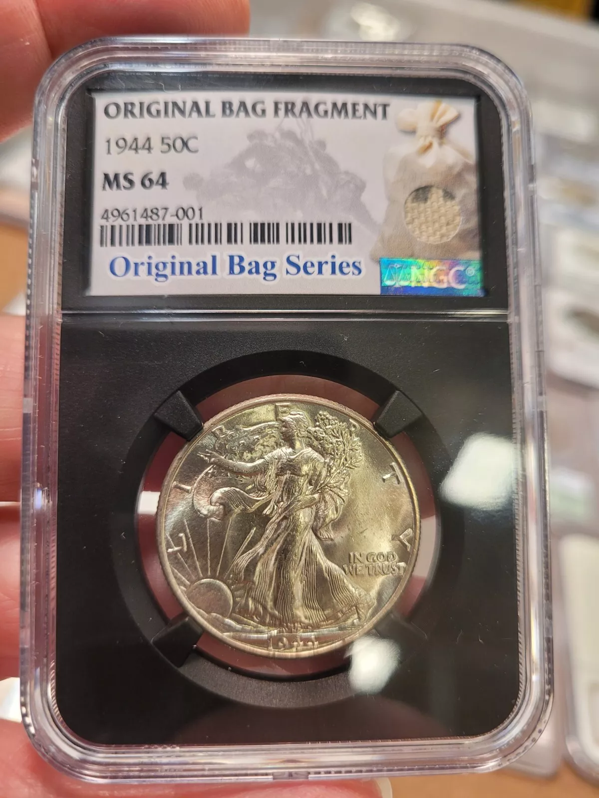 Yet-Another-Gimmick:-1944-Walking-Liberty-Half-Dollar-NGC-MS-64-W/Original-Bag-Fragment.
