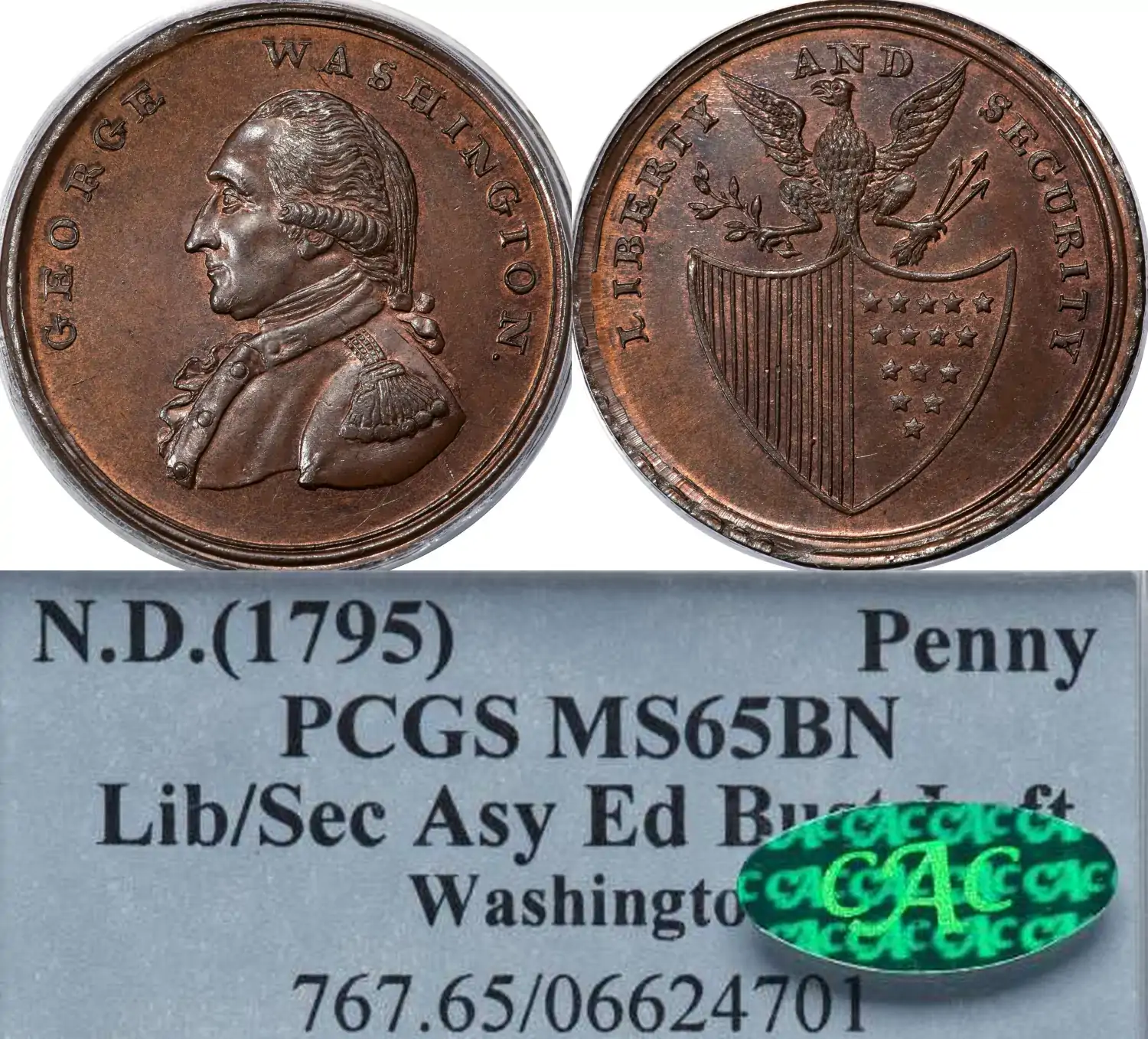 Eye-Candy:-1795-Washington-Liberty-&-Security-Penny,-Plain-Rims,-MS-65-Brown-PCGS,-Cac,-Baker-30