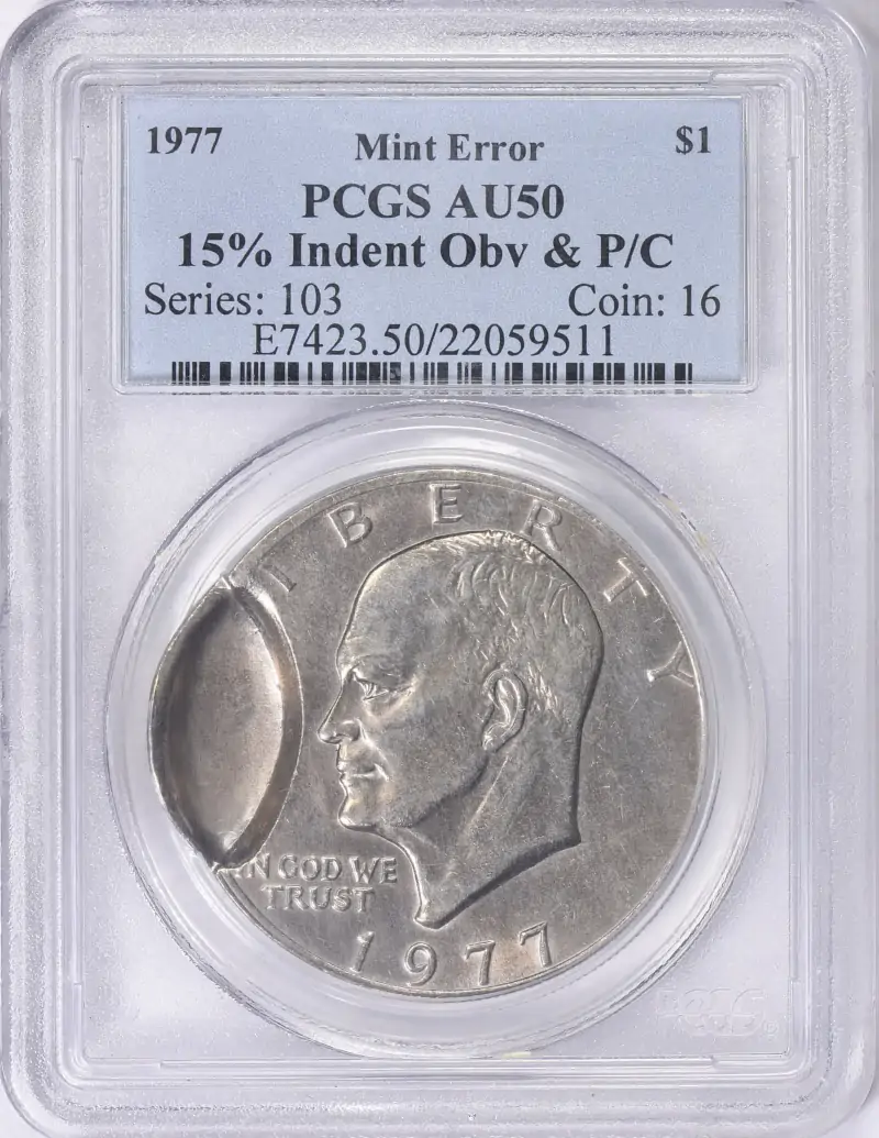 Error-Highlights:-1977-Eisenhower-Ike-Dollar-With-15%-Obverse-Indent-W/-P/C-PCGS-AU-50