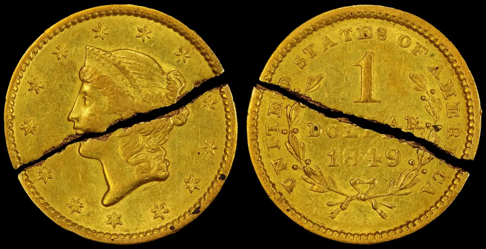 1849-Liberty-Gold-Dollar-Split-In-Two-During-Striking-Due-To-A-Weak-Planchet