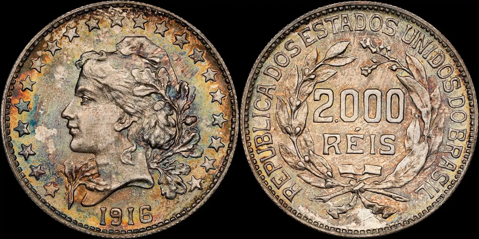 Brazil-1916-Silver-Pattern-2,000-Reis-With-Impressive-Toning