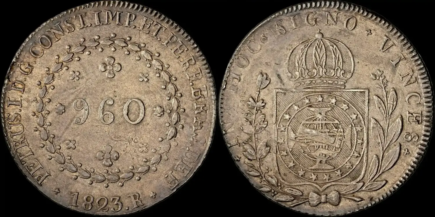 World-Wednesday:-1823-R-Brazil-960-Reis-NGC-AU-58