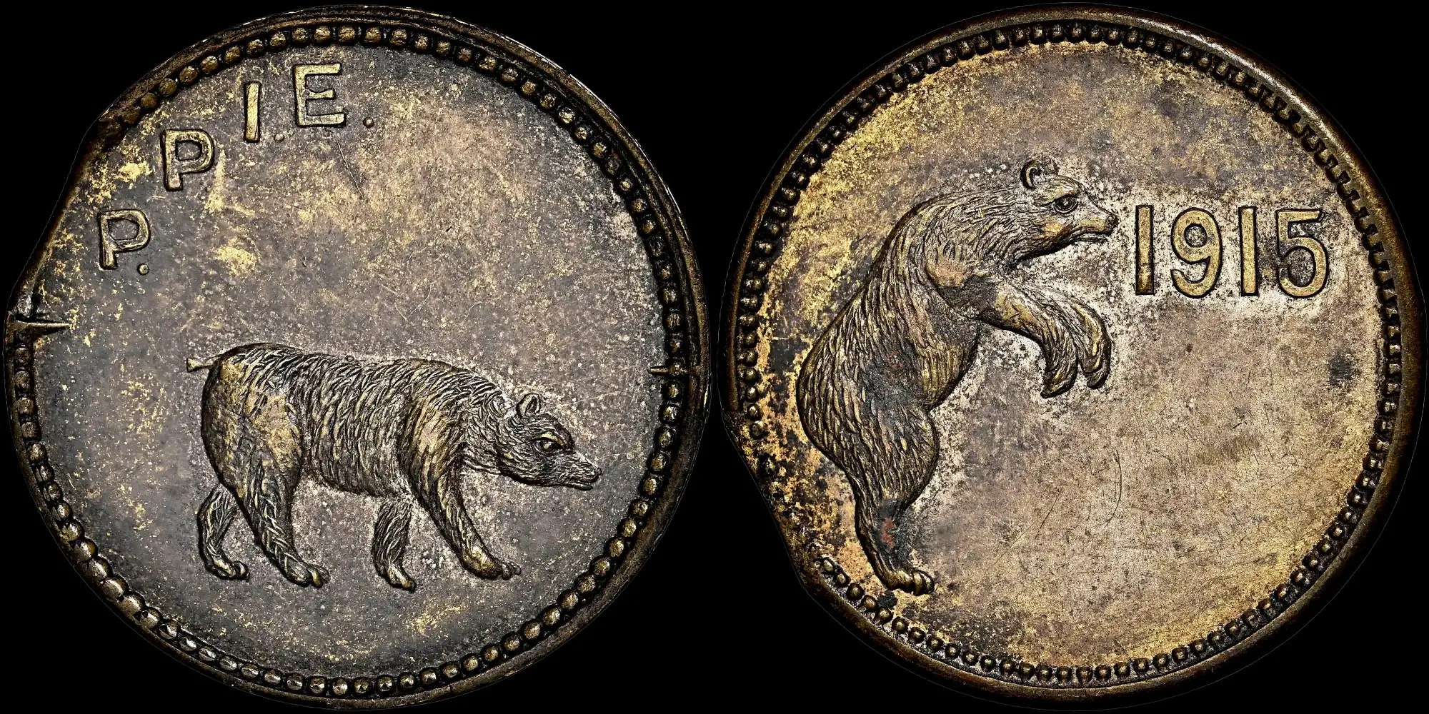 1915-Panama-Pacific-Exposition-Brass-Bear-Ppie-Spinner-With-A-Curved-Clip