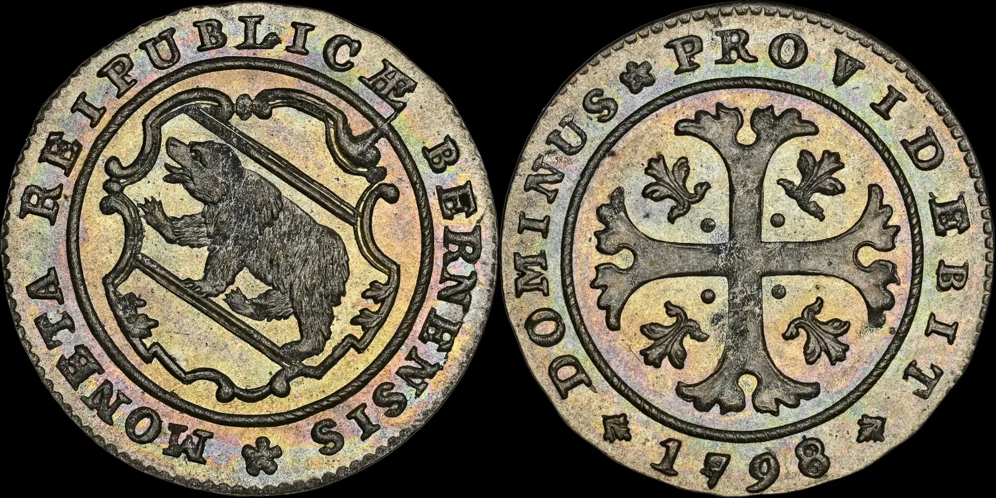 Toner-Tuesday:-Switzerland-1798-Bern-Half-Batzen-NGC-MS-67-Raindow-Toned