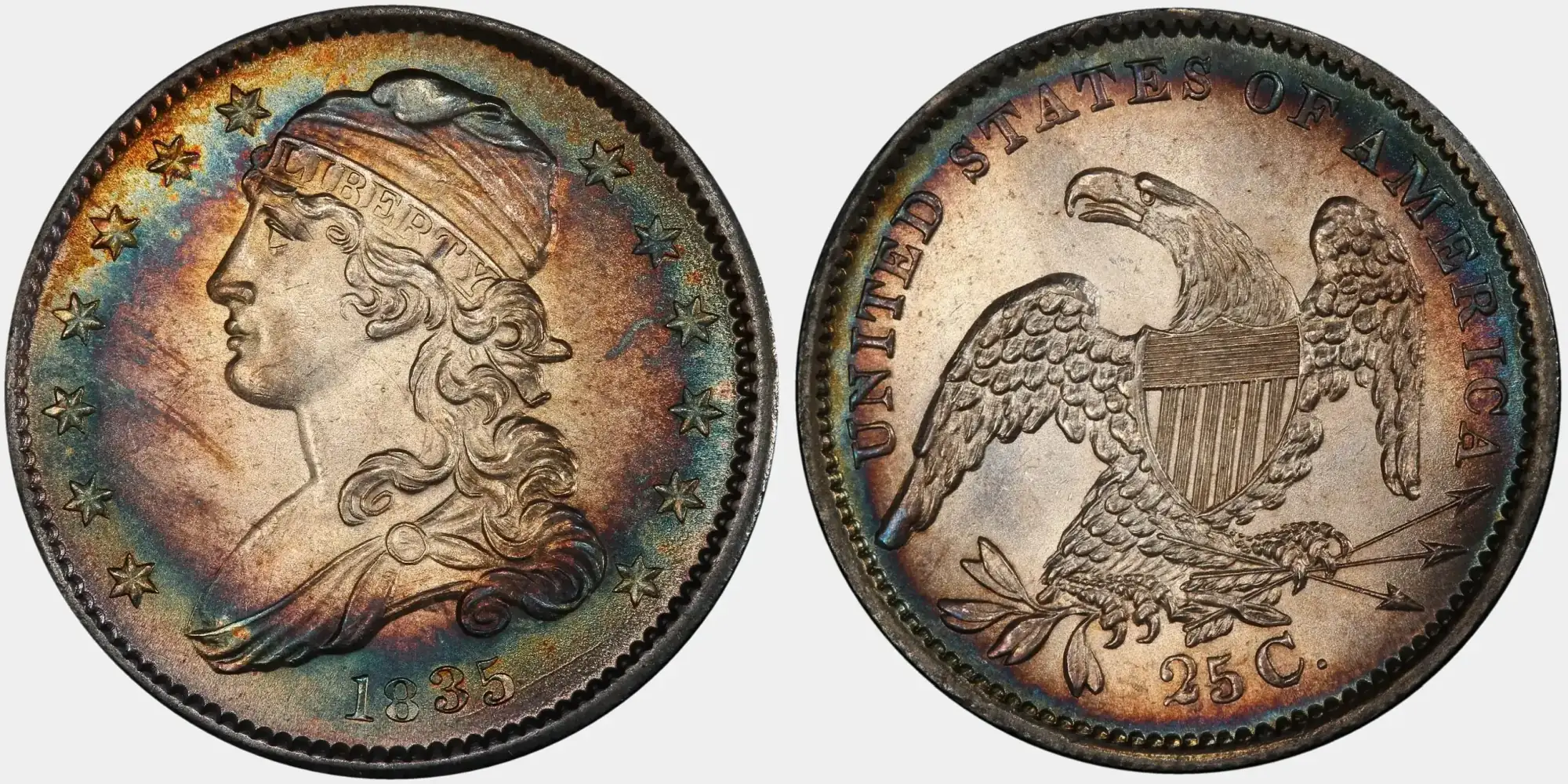 1835-Capped-Bust-Quarter-PCGS-MS-66-With-Rainbow-Target-Toning