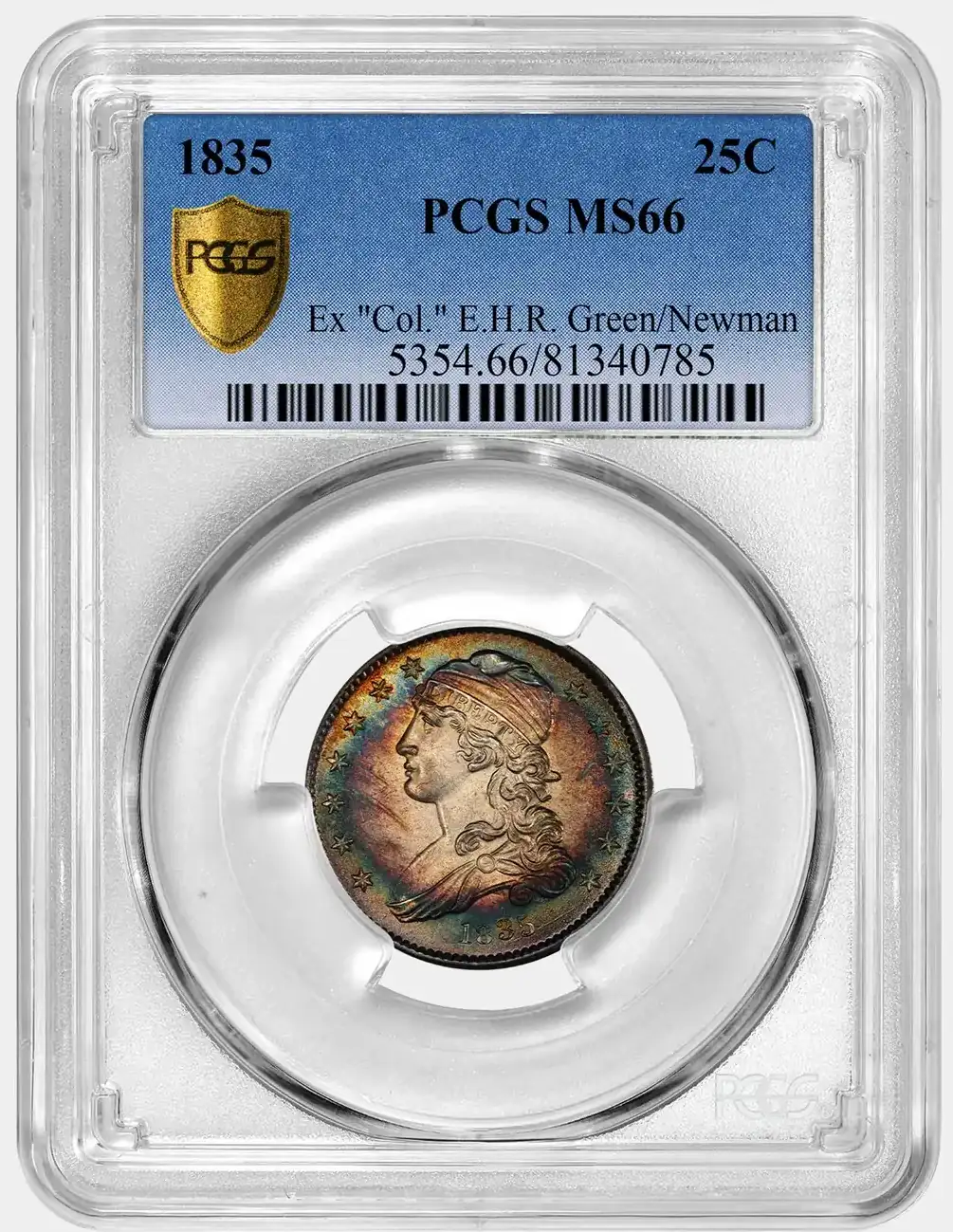 1835-Capped-Bust-Quarter-PCGS-MS-66-With-Rainbow-Target-Toning