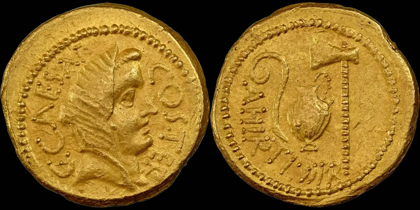 Julius-Caesar,-Consul-For-The-Third-Time-46-Bc,-With-Aulus-Hirtius,-As-Praetor.-Av-Aureus-NGC-XF