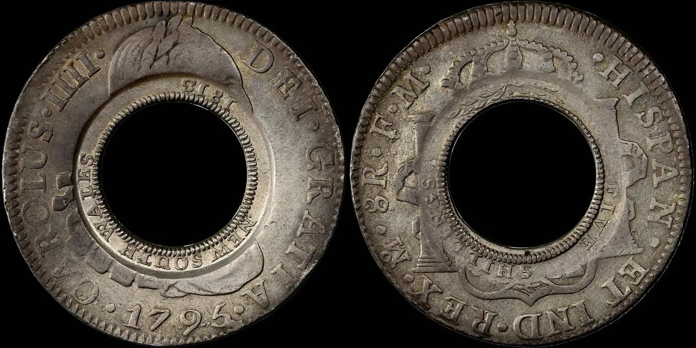 Australia-1813-5-Shillings-Struck-Over-A-Mexico-1795-8-Reales-With-Its-Center-Removed
