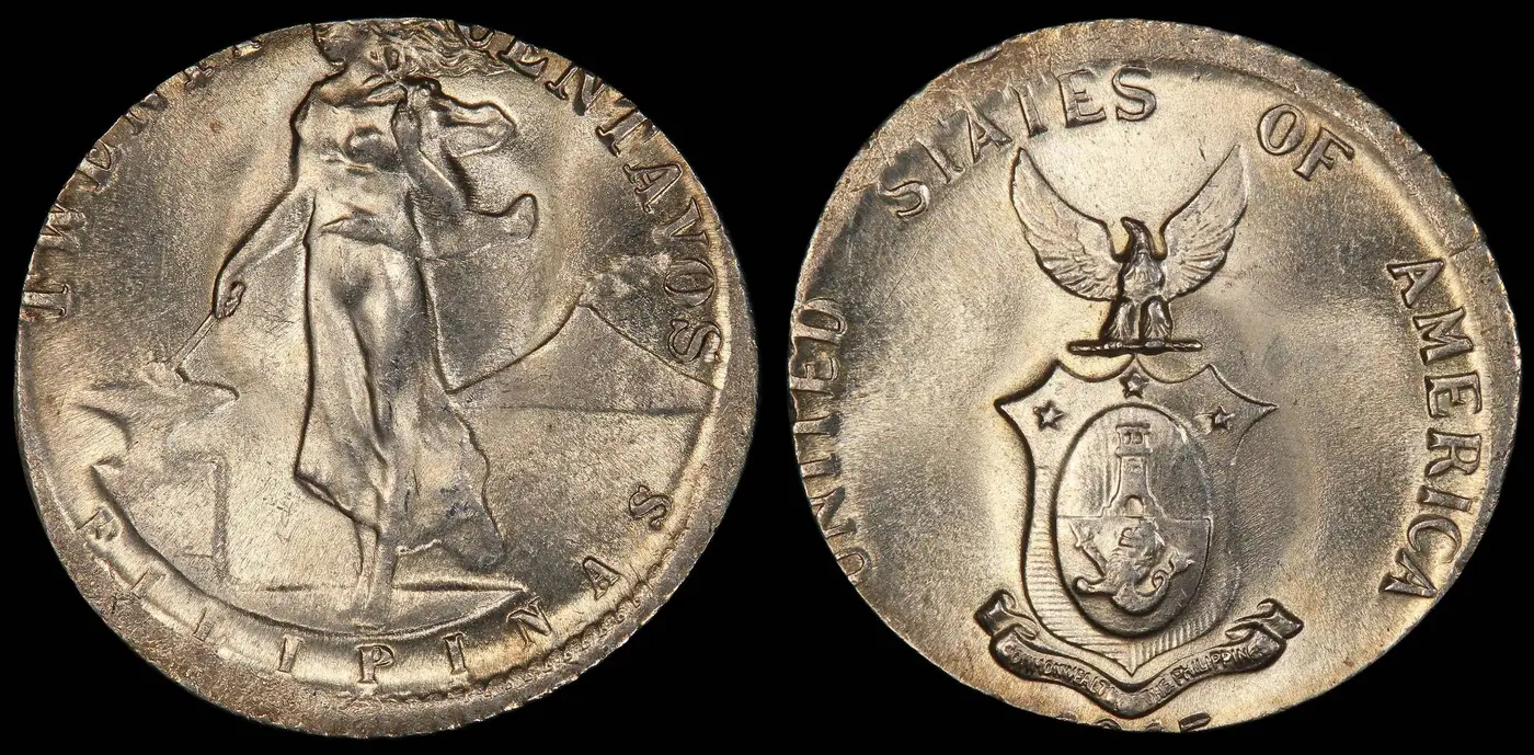 1945-D-Philippines-20-Centavos-Struck-On-Undersized-Silver-10-Cent-Planchet-PCGS-MS-64