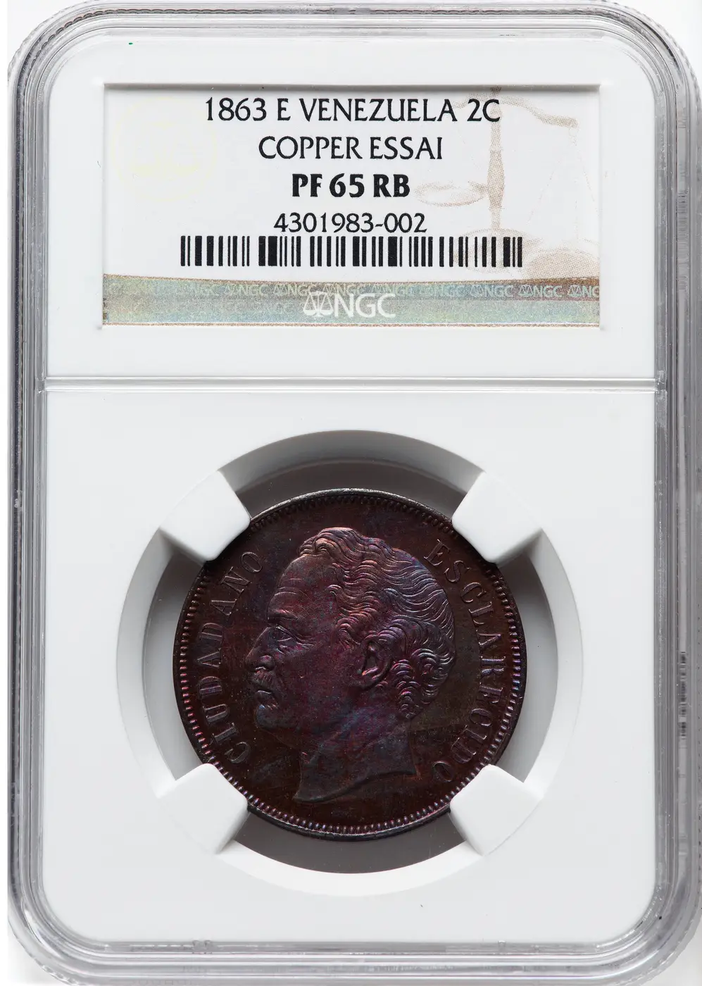 Venezuela-1863-E-Proof-Essai-2-Centavos-NGC-PF-65-RB