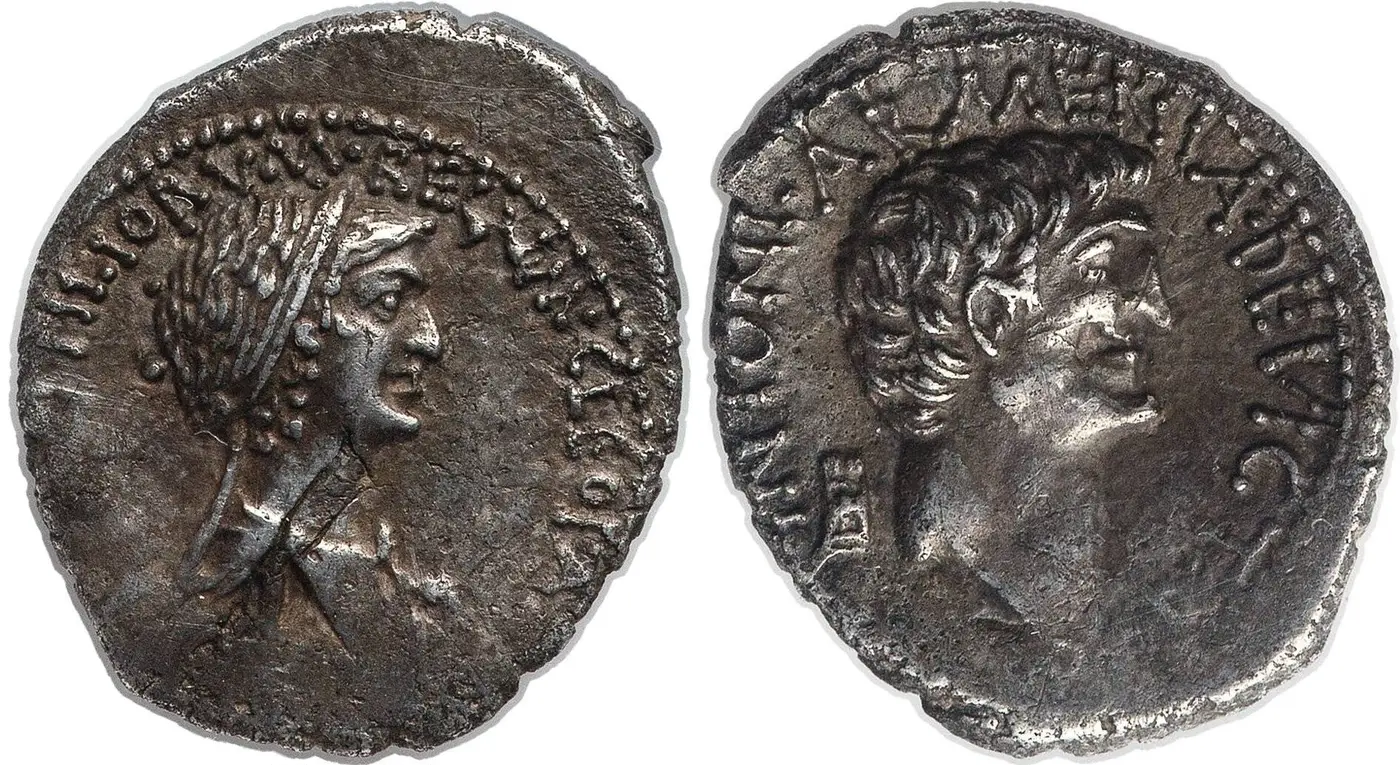 Cleopatra-And-Marc-Antony-On-A-Silver-Denarius-Struck-A-Few-Years-Before-Their-Deaths-In-30-BC