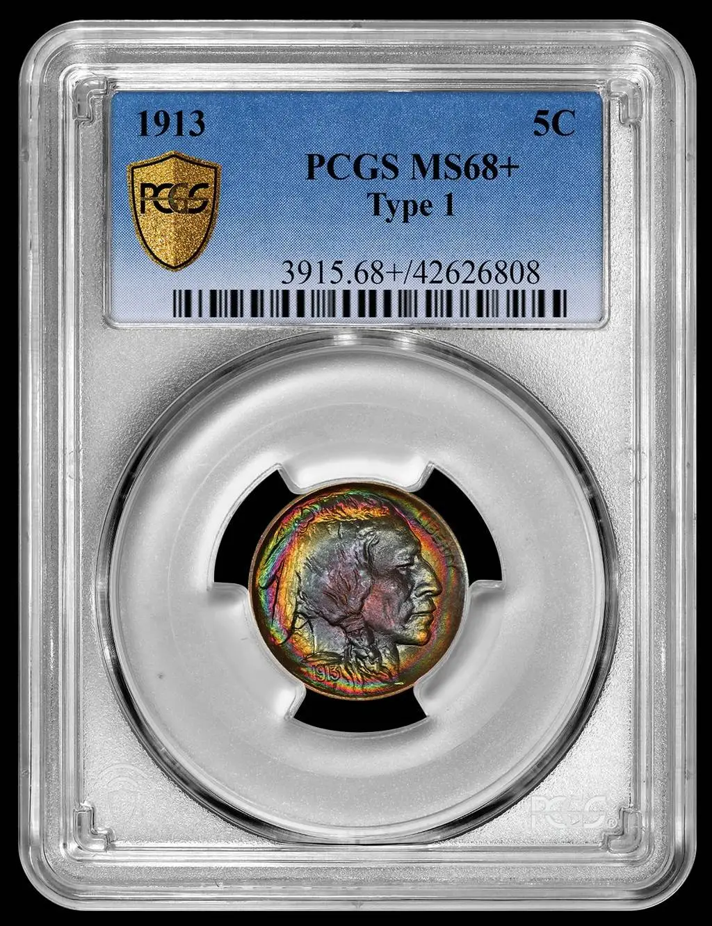 1913-Buffalo-Nickel-PCGS-MS-68+-Type-1-Rainbow-Toned