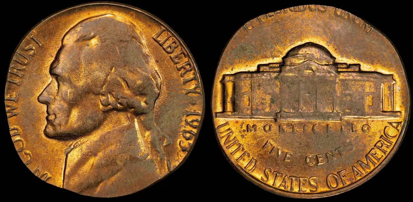 1965-Jefferson-Nickel-Struck-On-Bronze-Cent-Planchet,-PCGS-MS-62RB