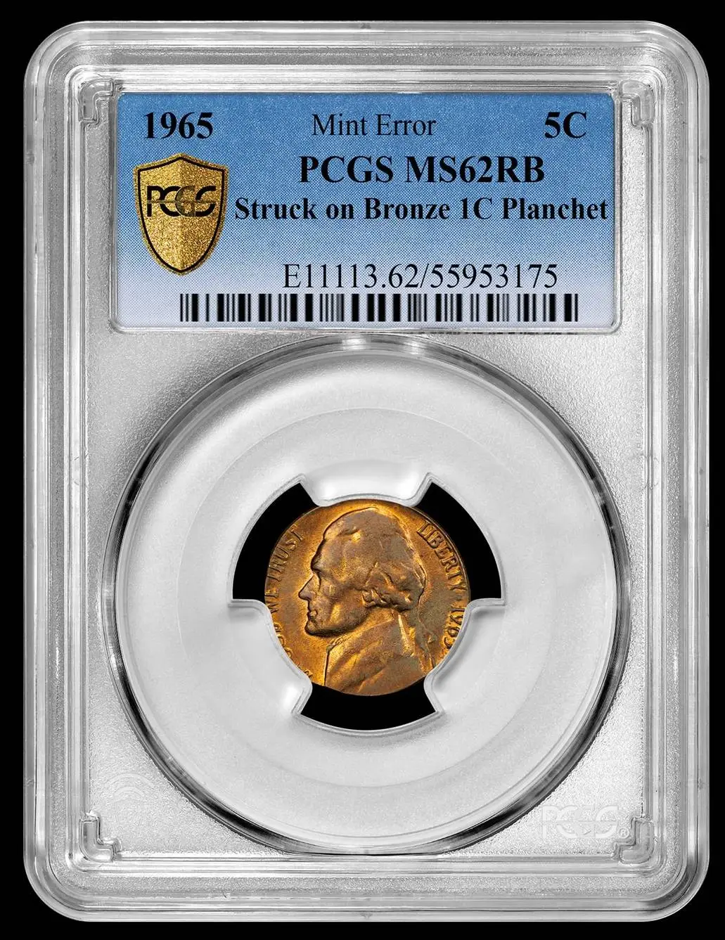 1965-Jefferson-Nickel-Struck-On-Bronze-Cent-Planchet,-PCGS-MS-62RB