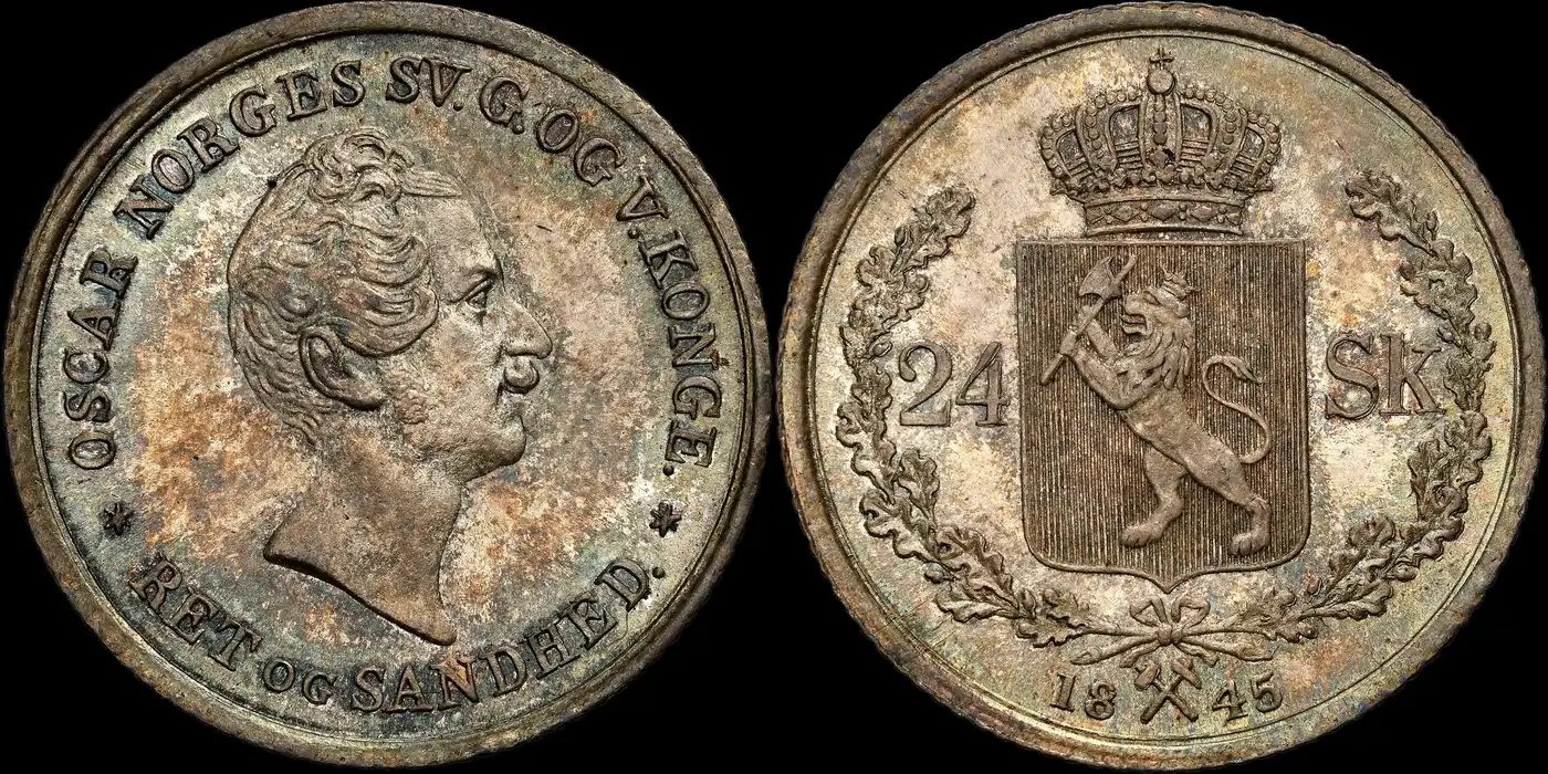 Norway-1845-24-Skilling-NGC-MS-65,-Kongsberg-Mint,-Oscar-I,-L.-E.-Bruun-Collection