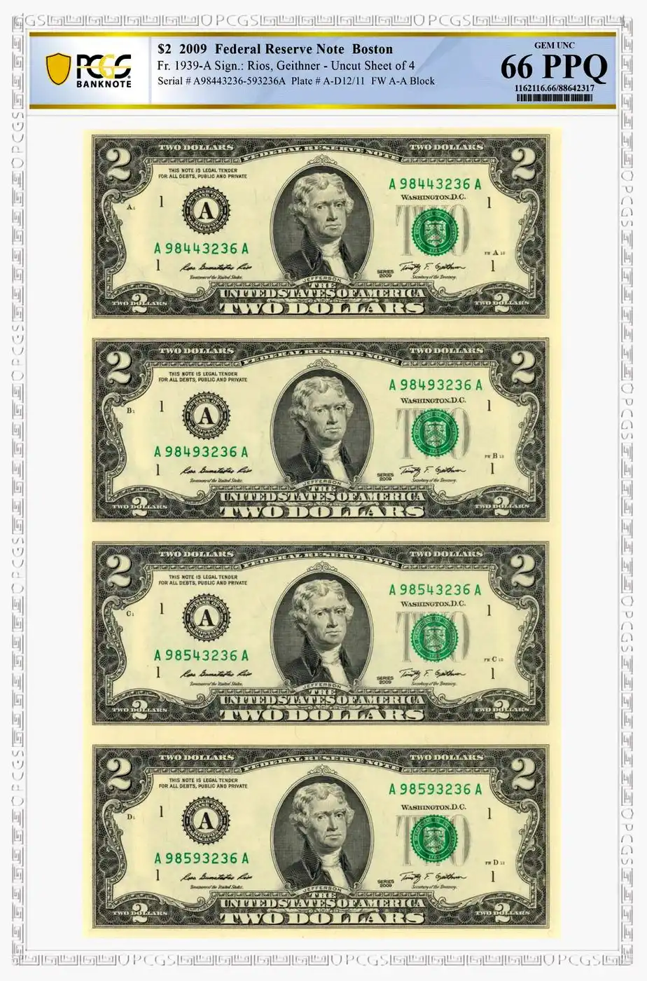 2009-$2-Federal-Reserve-Notes,-Uncut-Sheet-Of-4,-PCGS-66-PPQ