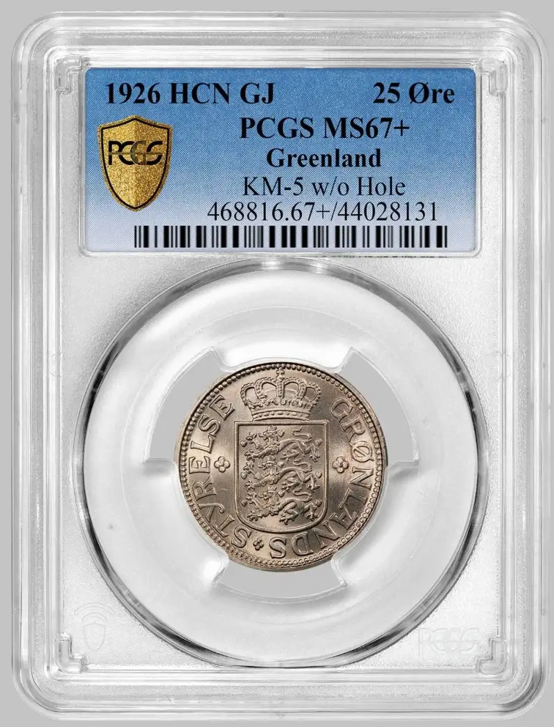 Greenland-1926-Hcn-Gj-25-�re-Coin-Without-Hole,-PCGS-MS-67+