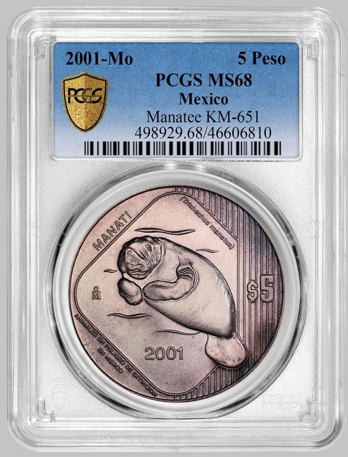 2001-MO-Mexico-Manatee-5-Peso-PCGS-MS-68-National-Manatee-Appreciation-Day
