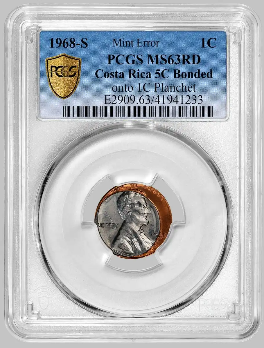1968-S-Costa-Rica-5-Centimos-Blank-Bonded-To-Lincoln-Cent-Planchet-PCGS-MS-63RD