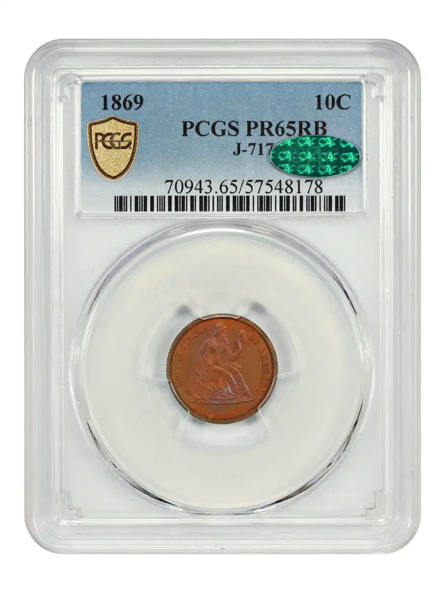 1869-Seated-Liberty-Dime-Postage-Currency-Obverse,-Unique-Sil./Nic./Cop.-Reverse.-PCGS-PR-65RB-J-717