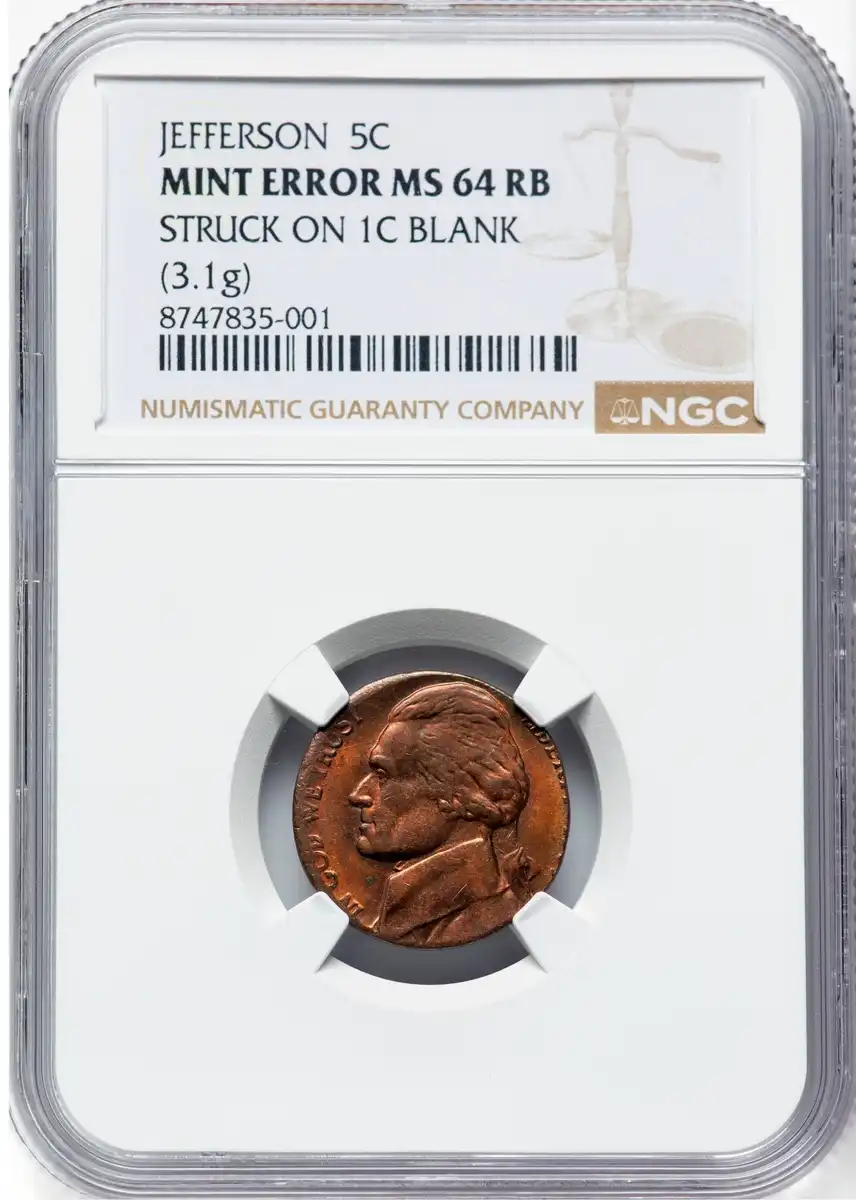 Jefferson-Nickel-Struck-On-3.1-Gram-Lincoln-Cent-Blank-PCGS-MS-64RB