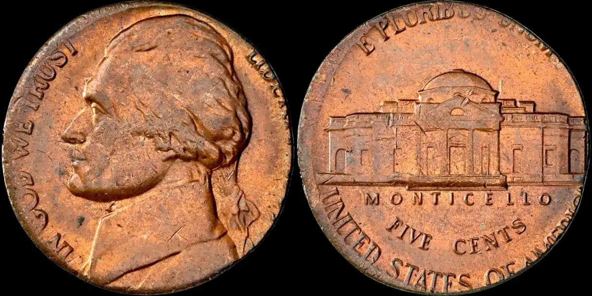 Jefferson-Nickel-Struck-On-3.1-Gram-Lincoln-Cent-Blank-PCGS-MS-64RB