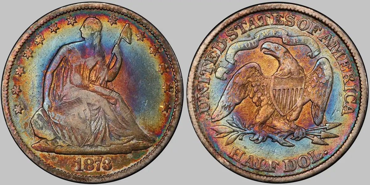 1873-Seated-Liberty-Half-Dollar,-No-Arrows,-Closed-3,-PCGS-F12-Rainbow-Toned