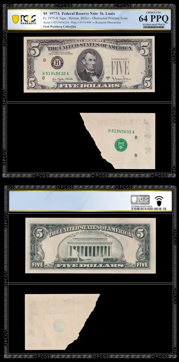 1977-$5-Bill-Obstructed-Printing-Error-PCGS-Choice-Unc-64-PPQ