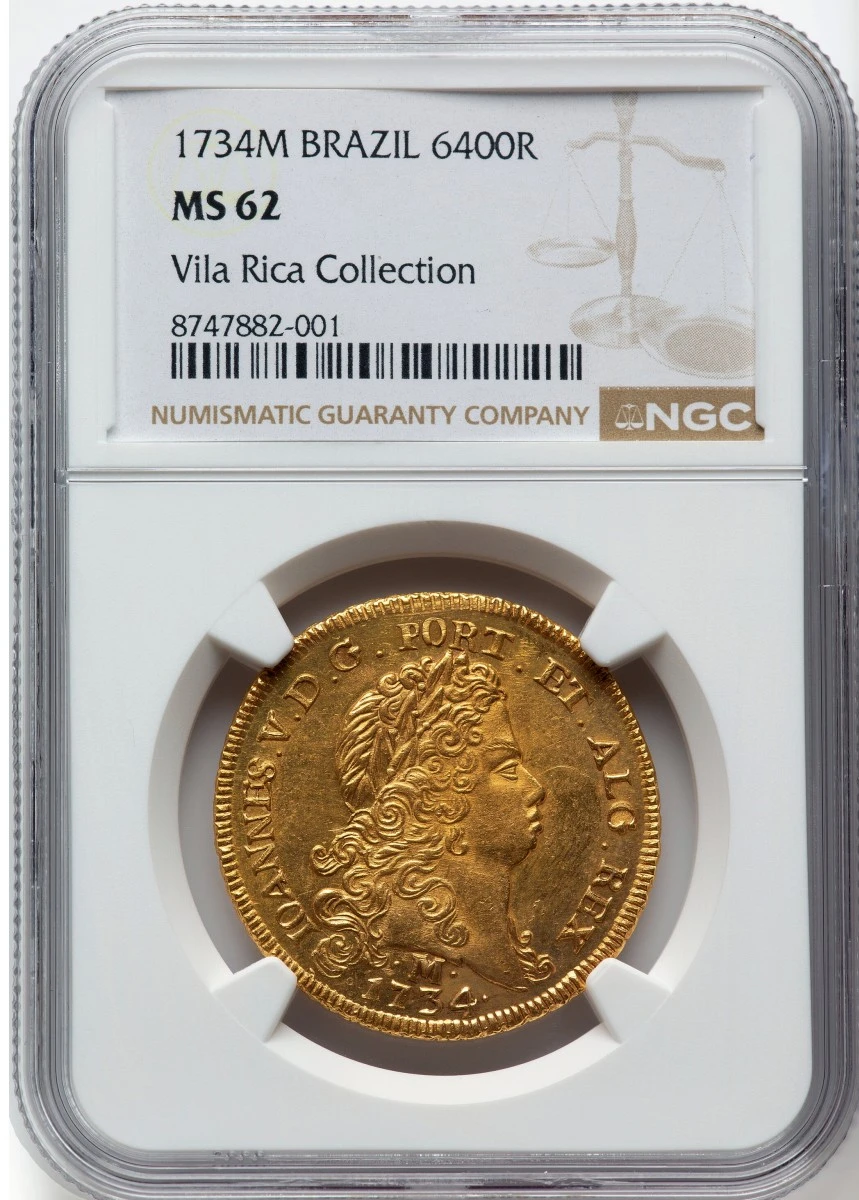 1734-M-Brazil-Gold-6,400-Reis-NGC-MS-62-Vila-Rica-Collection