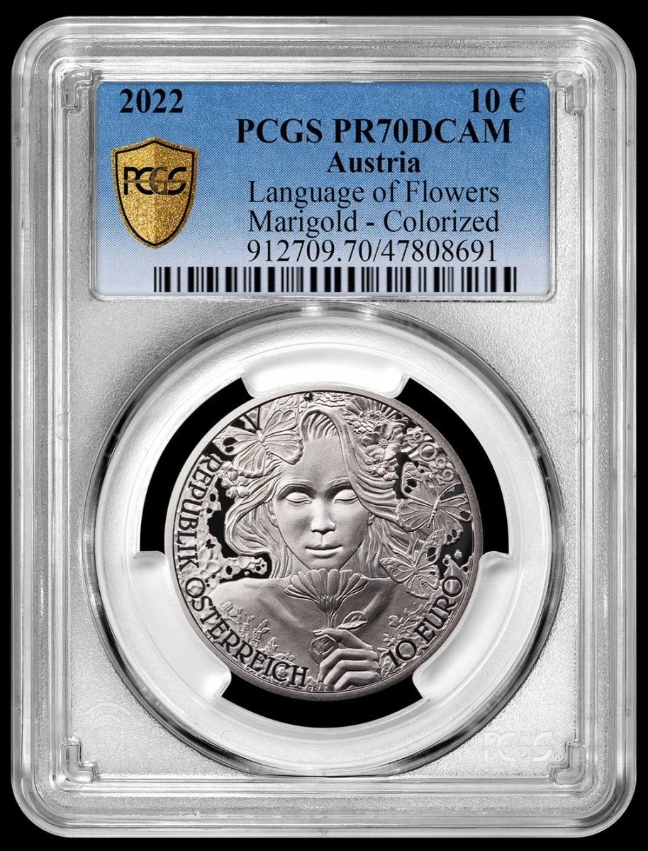 2022-Austria-10-Euro-Language-Of-Flowers-Colorizec-Marigold,-PCGS-PR-70-DCAM