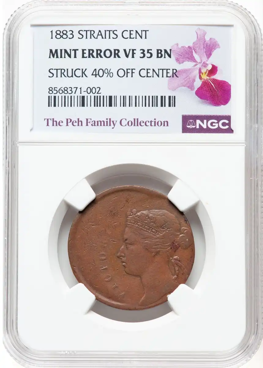 1883-Straits-Settlements-Cent,-British-Colony-Victoria,-40%-Off-Center-Strike,-NGC-VF35BN