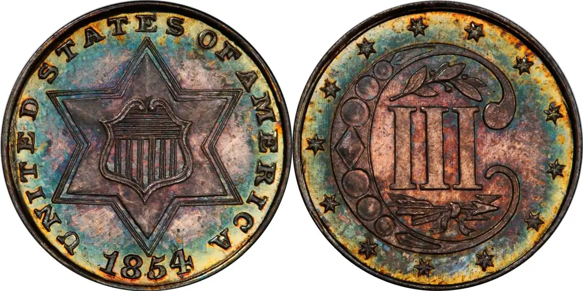 1854-3-Cent-Silver-Trime-Proof,-PCGS-PR-64+,-Rainbow-Toned