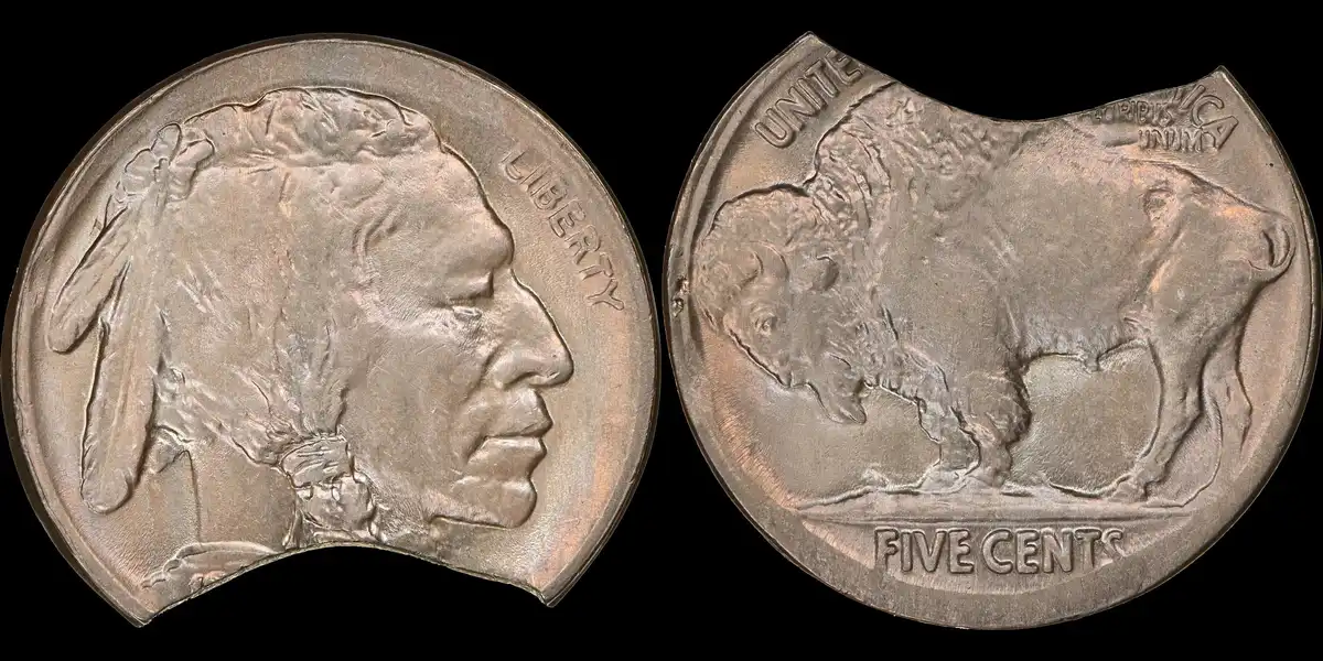 Buffalo-Nickel-Broadstruck-On-A-15%-Curved-Clipped-Planchet,-NGC-MS-63,-4.3-Grams
