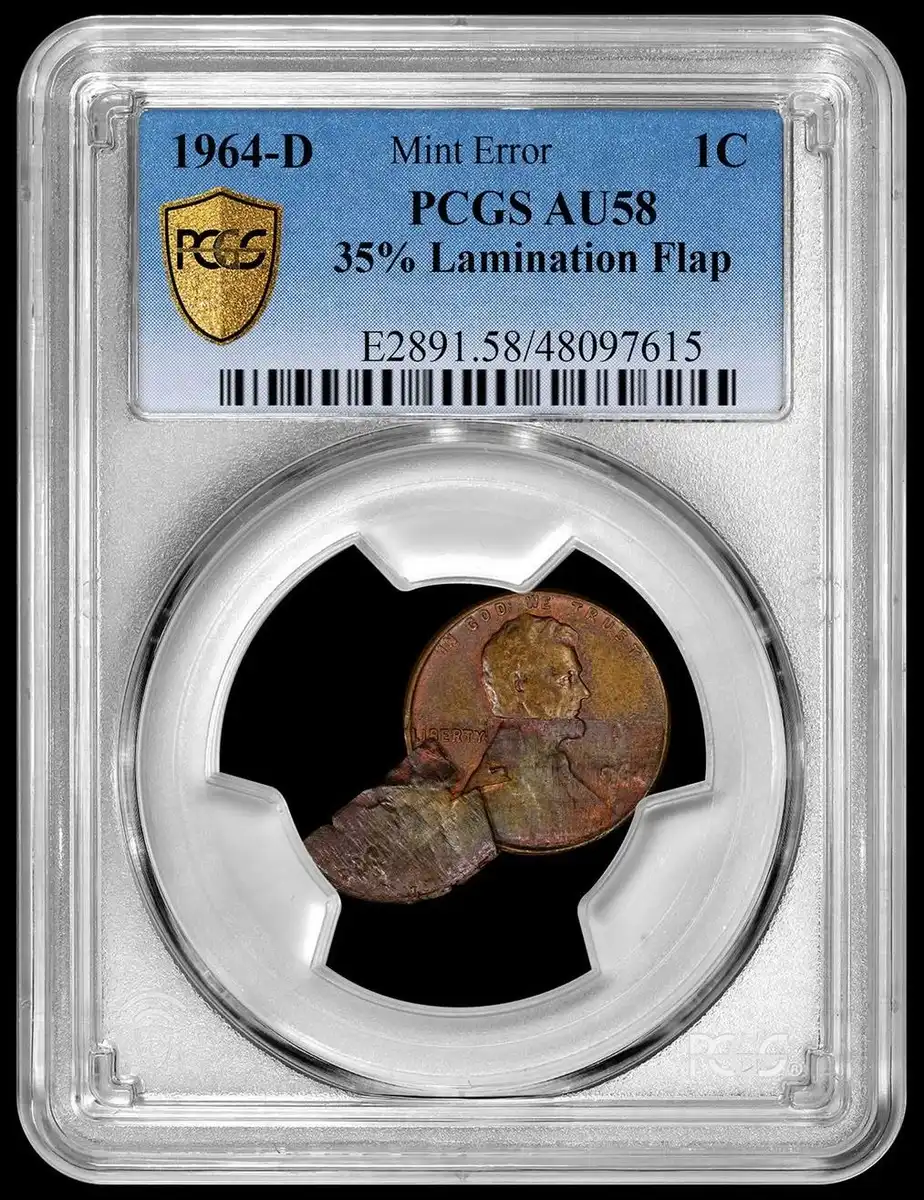 1964-D-Lincoln-Memorial-Cent-With-35%-Lamination-Flap,-PCGS-AU-58