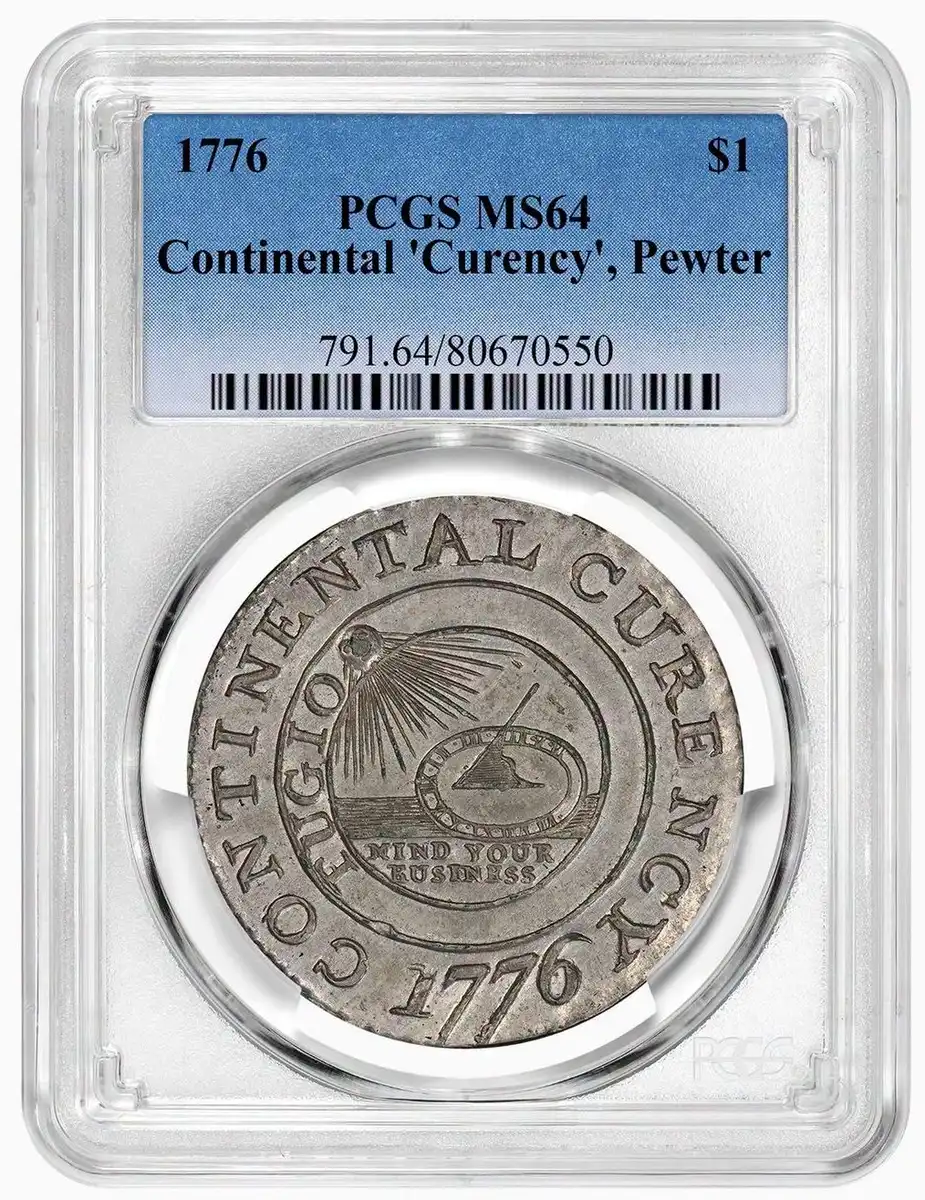 1776-Continental-Curency-$1,-Pewter,-PCGS-MS-64