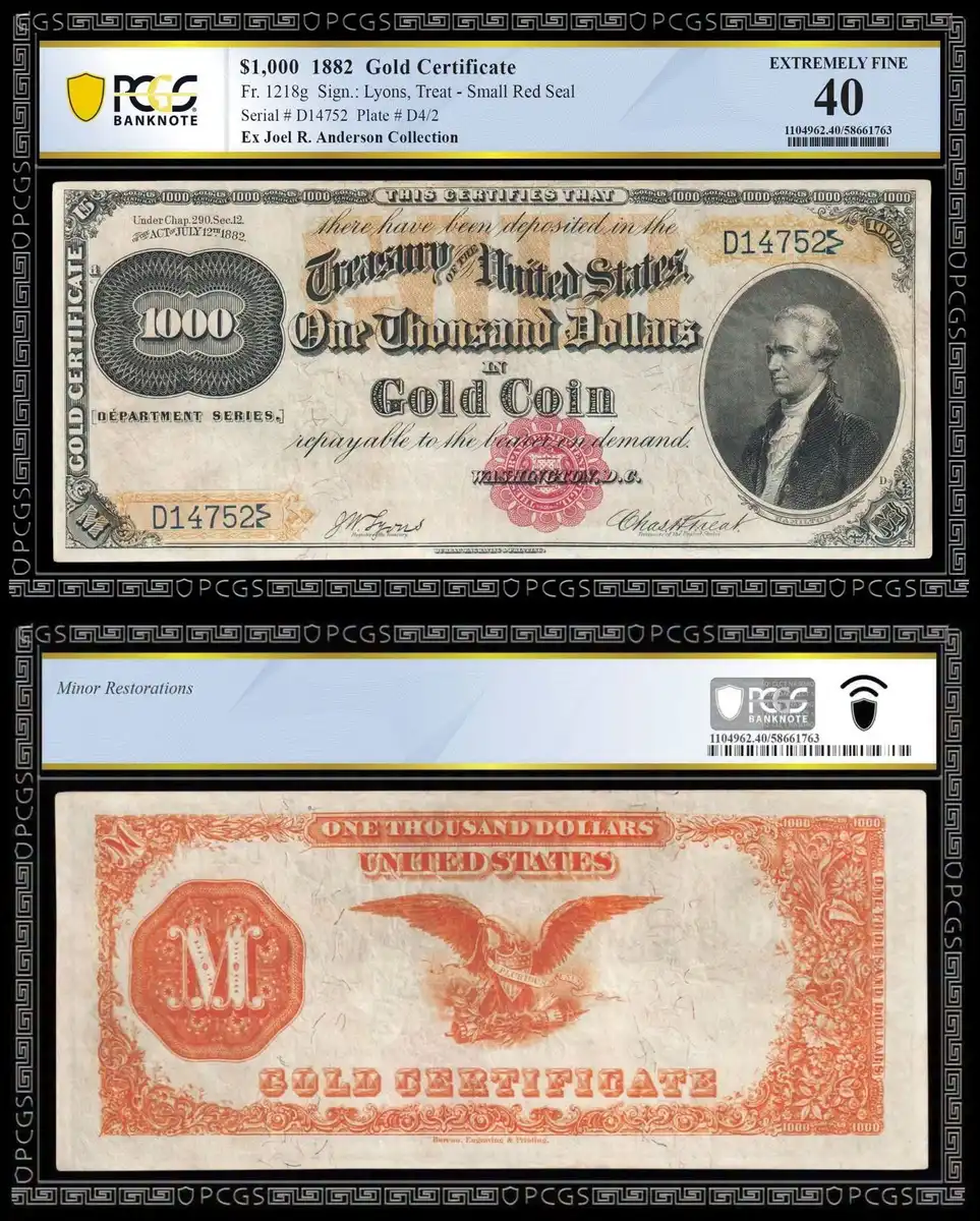 1882-$1,000-Gold-Certificate,-PCGS-EF40