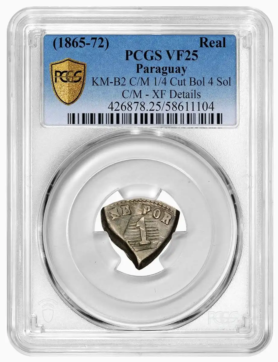 1865-1872-Bolivia,-Paraguay-Countermark,-Real-1/4-Cut,-PCGS-VF25